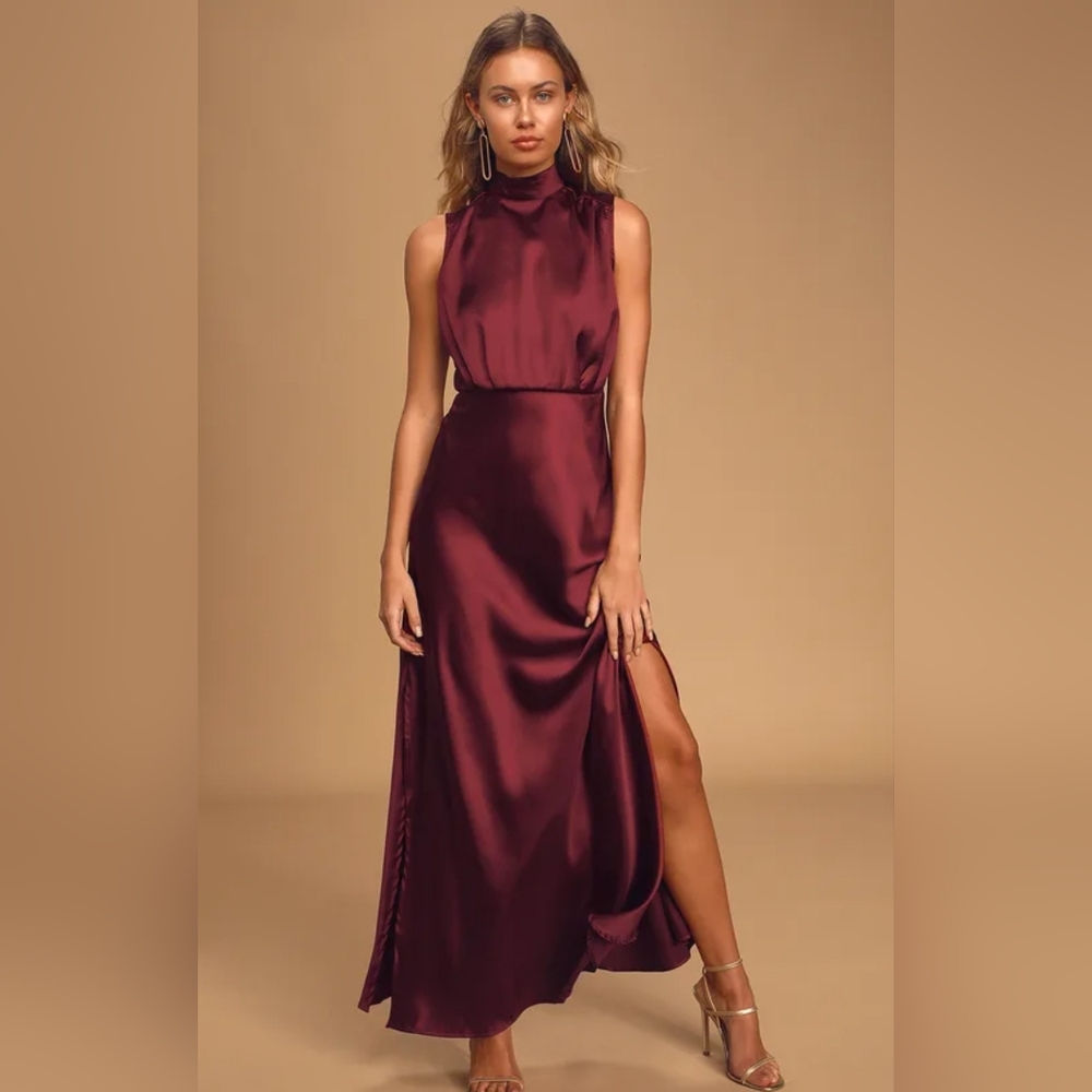Lulus NWOT Classic Elegance Wine Satin Sleeveless Mock Neck Maxi Dress size M